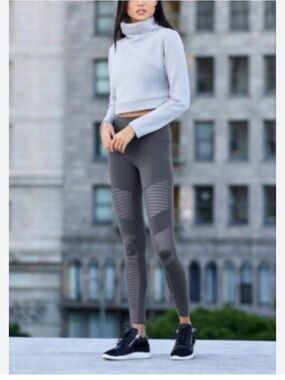 ALO Yoga Gray Moto Ribbed High-Waist Leggings